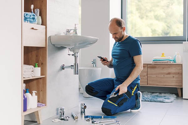 Sanitaer in Badezimmer mit Handy in der der Hand