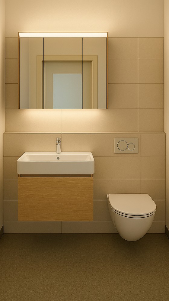 Gästebadezimmer nach der Renovation mit gleicher Keramik